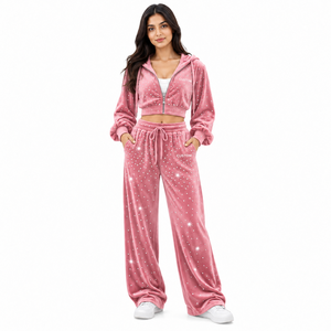 <b>Y2K</b> Women Rhinestone Velvet <b>Tracksuit</b> Set Cropped Hoodie Wide Leg Pant Sweatsuits Wholesale Sparkly Sequin Velour Two Piece Sets - Product Image 1