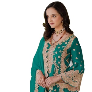 Último trabajo de bordado pesado Kurti Palazzo Dupatta conjunto suave tela de Organza floreciente estilo indio y pakistaní - Product Image 1