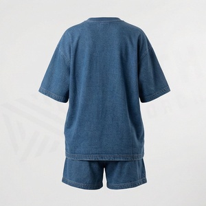 Ensemble 2 pièces pour femme en jean bleu, t-shirt à manches courtes et short, col rond, coupe ample, polyester/coton, décontracté, printemps/été - Product Image 2