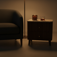 Table d'appoint moderne avec 2 tiroirs en MDF acacia et placage chêne, écologique, 5+ compartiments, design dynamique pour salons