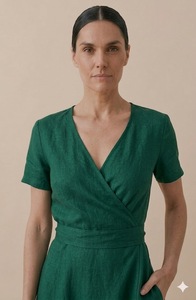 Robe Courte Femme Vintage en Lin Vert Naturel, Col Rond, Manches Courtes, Ample, à Nouer, Respirante, Couleur Unie, Idéale au Quotidien - Product Image 4