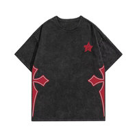 T-shirt noir surdimensionné pour hommes avec motif géométrique rouge et logo étoile, style streetwear, manches courtes, col rond, en coton