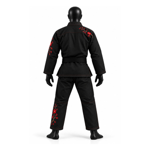 Kimono noir personnalisé avec broderie florale rouge, designs haut de gamme |   Tissu perlé 450 GSM |   Pantalon Ripstop 340 GSM - Product Image 2