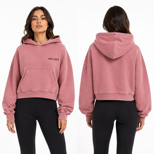 Custom Women Oversized Cropped <b>Hoodie</b> and Wide Leg Sweatpants Set Heavyweight Cotton Acid Wash <b>Pink</b> Tracksuit - Product Image 2