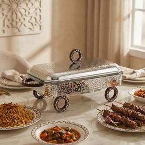 Luxury Arabic Rectangular Chafing Dish Hammered Stainless Steel Food Warmer Wooden <b>Ring</b> Accent Ramadan Buffet Server Single Unit - Product Image 6