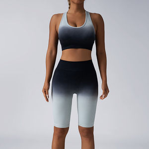 Conjunto de Yoga con Degradado de Color, Top Corto Deportivo y Pantalones Cortos de Cintura Alta, 2 Piezas, Sin Costuras, Spandex, Poliéster, Elástico en 4 Direcciones - Product Image 2