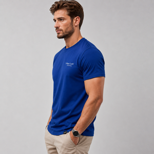 T-shirt en coton bleu slim fit pour homme Vibe Craft, col rond, manches courtes, jersey décontracté, respirant, logo imprimé sur le devant, prix avantageux - Product Image 1