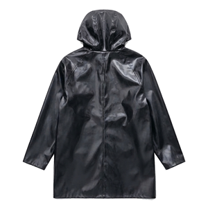 Black <b>Hooded</b> Long PU <b>Raincoat</b> Waterproof Casual Coat <b>With</b> Button Closure Unisex Spring Wear - Product Image 4