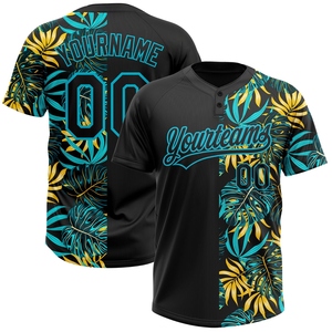 Venta al por mayor directa de la industria: Jersey de sóftbol unisex con dos botones, personalizado, negro y azul, con hojas de palma tropicales 3D de Hawái, el más vendido. - Product Image 1