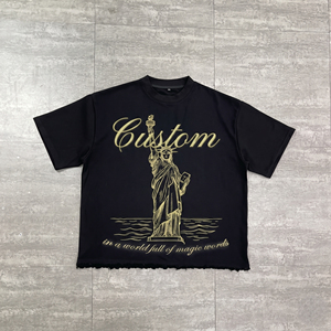 Camiseta negra extragrande personalizada para hombre con estampado de la Estatua de la Libertad, estilo urbano, manga corta, cuello redondo, jersey de algodón. - Product Image 2