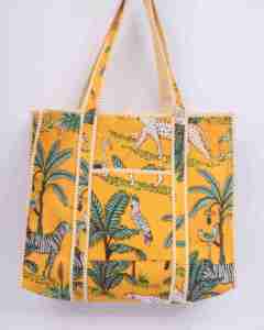 Handmade Yellow Jungle Print <b>Quilted</b> Cotton Tote Bag Button Closure Boho Animal Print for Beach Daily Use Spring/Winter/<b>Summer</b> - Product Image 2