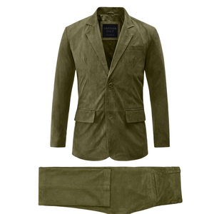 Traje de Dos Piezas de Gamuza Verde Oliva para Hombre, Marca Leather Cult, Blazer de Solapa con Muescas y Cierre de un Solo Botón - Product Image 1