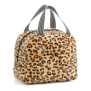 premium <b>leakproof</b> thermal food carrier durable plush leopard print <b>lunch</b> organizer with striped handles and front pocket - Product Image 1