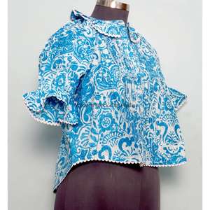 Tunique moderne à imprimé floral, 100% coton, lavable, décontractée, touche féminine, col mandarin à volants, manches courtes - Product Image 4