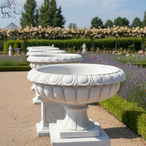 Luxury White Marble Hand Carved Eco-Friendly Durable Vintage <b>Garden</b> Urn Planter with Pedestal Classical Outdoor Home Flower Pot - Product Image 3