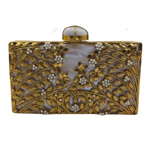Handcrafted Mother of Pearl Clutch with <b>Gold</b> Leaf Scroll Design Luxury Evening <b>Bag</b> for Bridal Wedding Party - Product Image 1