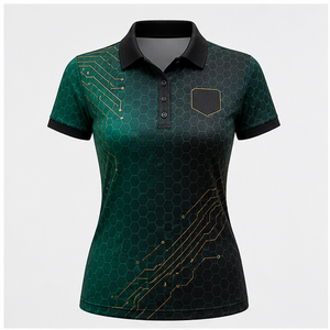 Custom Emerald <b>Black</b> Honeycomb Circuit Print <b>Womens</b> <b>Polo</b> <b>Shirt</b> Quick Dry Breathable Short Sleeve Golf Team Uniform WPS-0802 - Product Image 1