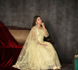 Good Quality Women's <b>Light</b> Yellow Anarkali Suit For Weddings and Fastive Occasions 3/4 Sleeve <b>Net</b> Santoon Semi stitched - Product Image 5