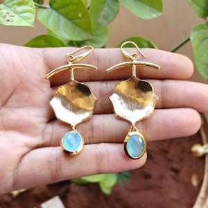 18K gold plated unique dangle drop <b>earrings</b> aqua chalcedony briolette oval stone handmade brass <b>hook</b> closure bezel set jewelry - Product Image 3