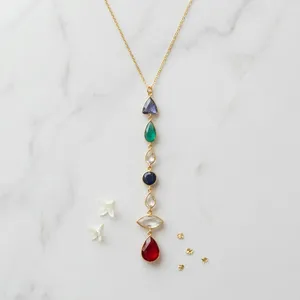 Gold Plated Pendant Necklace Multicolor Quartz Stones Marquise Cut Water Drop Shape Vintage Style <b>Link</b> Anniversary Gift Women's - Product Image 3