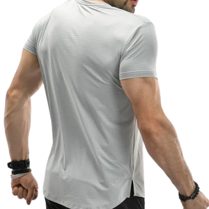 T-shirt de sport gris personnalisé pour homme, séchage rapide, coupe semi-ajustée, maille extensible en polyester et élasthanne, pour entraînement en salle de sport, OEM Act - Product Image 4