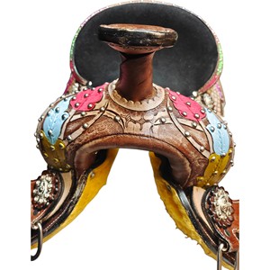 Selle de cheval adulte en cuir premium pour le barrel racing western, avec siège et équipement, disponible - Product Image 6