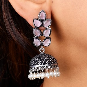 Designer Oxidized <b>Silver</b> Jhumka <b>Earrings</b> with Pink Crystal Stone | Handmade Jewelry Export Quality - Product Image 4