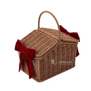 Handmade Woven Rattan Rectangle Eco-Friendly Storage <b>Basket</b> <b>with</b> <b>Lids</b> and Red Velvet Bows Christmas Decoration - Product Image 1