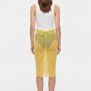 Falda de malla transparente de cintura alta para mujer, hasta la rodilla, color amarillo liso, sexy, transparente, estilo veraniego - Product Image 2