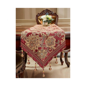 Chemin de table élégant en jacquard rouge à franges, 100% coton, brodé, 230 GSM, tissage slub, durable, lavable, certifié GOTS, 35x200 cm - Product Image 1