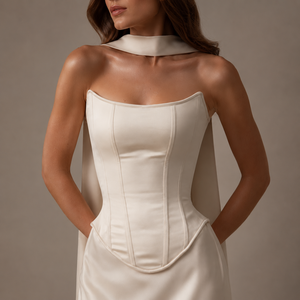 Vestido de Novia de Lujo en Satén, Estilo Moderno Vintage, Corte en A, Corsé, Cuello con Bufanda, Cordones, Largo hasta el Tobillo, Bordado, Personalizado OEM - Product Image 4