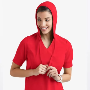 Women's <b>Red</b> Hooded Full Sleeve Knitted Fleece Jacket Breathable Waterproof Eco-Friendly Pullover Detachable Collar Spring Wear - Product Image 2