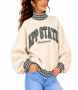 Wholesale Women’s Oversized <b>Mock</b> Neck Sweatshirt Custom Heavyweight Plaid Gingham Patchwork Casual Varsity Streetwear - Product Image 3