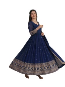 Vestido Tradicional Indio de Boda Salwar Kameez Anarkali, Largo hasta el Suelo, Azul, con Bordado, de Seda, Corte Holgado para Mujer - Product Image 4