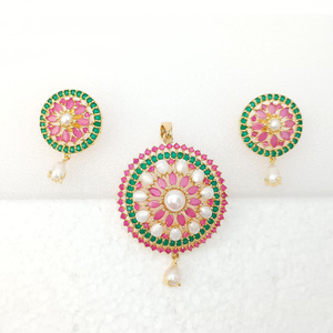 RAY FINE ORNATES IGI Certified Victorian <b>Ruby</b> Emerald Pearl Pendant Set 22K Gold Plated Bridal <b>Necklace</b> Earrings Jewelry - Product Image 3