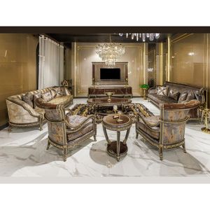 Luxury Solid Teak Wood Living Room Furniture Set Carved Classic Leather <b>Sofa</b> 4 Seater Single Armchair Coffee <b>Side</b> <b>Table</b> - Product Image 1