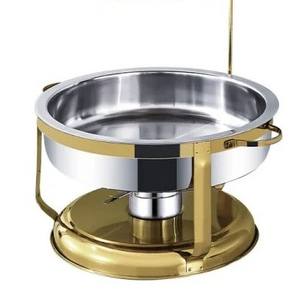 Plat à chafing classique rond en acier inoxydable doré avec couvercle relevable, crochet de suspension et brûleur à combustible pour la restauration et les banquets du Golfe - Product Image 4
