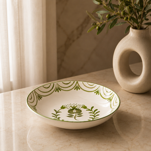 Handcrafted Ceramic Serving Bowl with <b>Green</b> Stripe Detailing Deep Glazed Finish for Modern Kitchen Table Styling - Product Image 6
