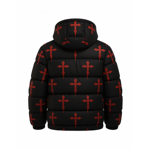 Veste matelassée noire de haute qualité pour homme avec imprimé croix, à capuche, d'hiver, style streetwear, épaisse et chaude, personnalisable avec logo OEM - Product Image 5