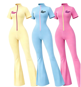 Custom LOGO <b>Workout</b> Spandex Bodycon One Piece Zip Rompers Women Short Sleeve Yoga Fitted <b>Jumpsuit</b> Playsuit Bodysuit for Women - Product Image 2