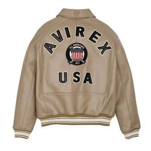 Chaqueta Bomber Impermeable de Cuero Genuino Beige para Hombre Avirex, con Parche Bordado de EE. UU., Cuello Alto y Cierre de Cremallera, Estilo Casual para Invierno - Product Image 2