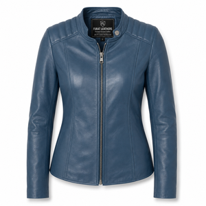 Blouson motard en cuir bleu Flashback Kelsee pour femme, fermeture éclair, col ouvert, couleur unie, doublure en polyester coupe-vent, automne - Product Image 1