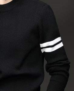 Men's Customizable Black Terry Knitted Crew Neck Breathable Pullover White Striped Sleeves Casual Winter Wear Oversized Fit - Product Image 5