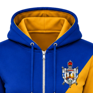 Sudadera con capucha para mujer, personalizada, azul real y dorado, con 2 paneles cruzados, cremallera completa, bloques de color, manga larga, estilo casual para hermandades - Product Image 5