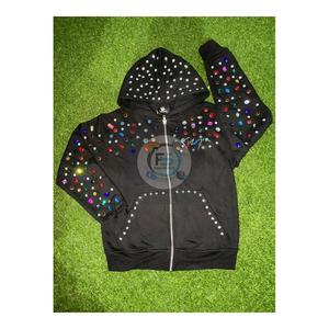 Sweat à capuche zippé avec strass, style Y2K streetwear |   Sweat à capuche orné de cristaux |   Sweat à capuche noir surdimensionné unisexe, mode hip-hop - Product Image 1