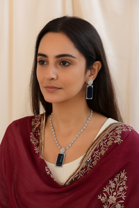 Conjunto de Collar y Pendientes Largos Elegantes con Forma Geométrica Rectangular, de Acero Inoxidable con Piedra Azul, para Mujer - Product Image 1