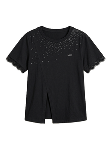 Custom OEM Rhinestone Bling Split Hem <b>Tops</b> Y2K Lace Sleeve Women's Shirts Cotton Blend Tees Wholesale USA Apparel Bulk Supply - Product Image 3