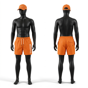 Shorts de baño premium de poliéster de 140 GSM de secado rápido, color negro, con panel lateral sublimado y logotipo personalizado por transferencia térmica. - Product Image 4