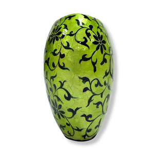 Jarrón de cerámica redondo hecho a mano con incrustaciones de Capiz con patrón floral negro y diseño pintado a mano verde para decoración del hogar y bodas - Product Image 5