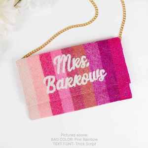 Personalized Embroidered <b>Pink</b> Rainbow <b>Clutch</b> Bag Rectangular Shape Thick Script Text Cotton Purse Handbag Wedding Gift - Product Image 1